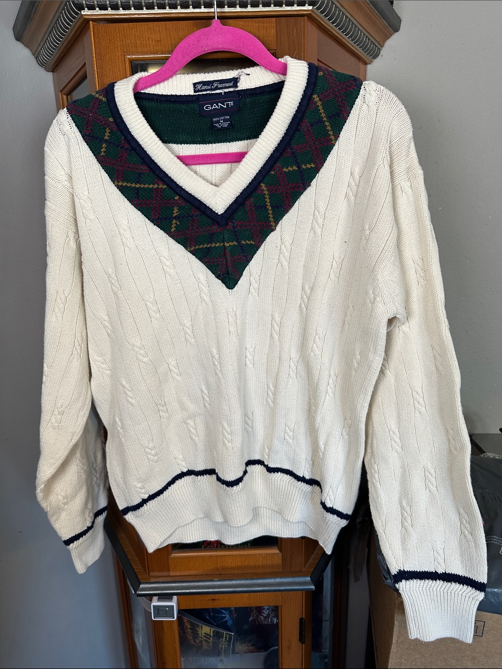 Gant Cream Cable Knit V-Neck Sweater With Green & Burgundy Plaid Yoke